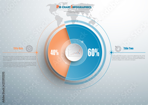 Business pie chart template with circle in the center and earth map behind. Background for your documents, web sites, reports, presentations and infographics