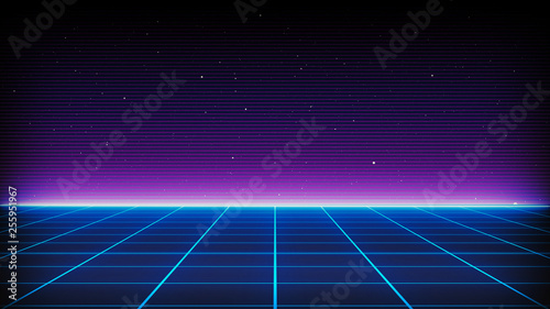 Retro Sci-Fi Background Futuristic landscape of the 80s. Digital Cyber Surface. Suitable for design in the style of the 1980`s photo