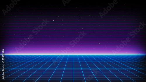 Retro Sci-Fi Background Futuristic landscape of the 80`s. Digital Cyber Surface. Suitable for design in the style of the 1980`s © NotjungCG