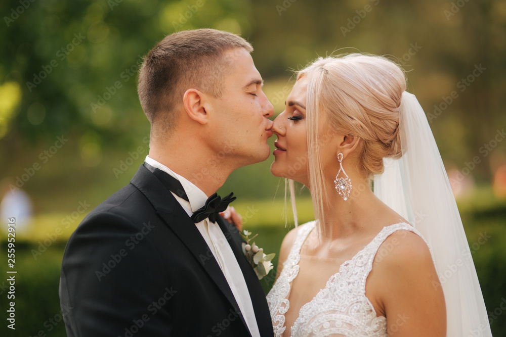 Groom kiss his bride in nose. Portrait of newlyweds outside