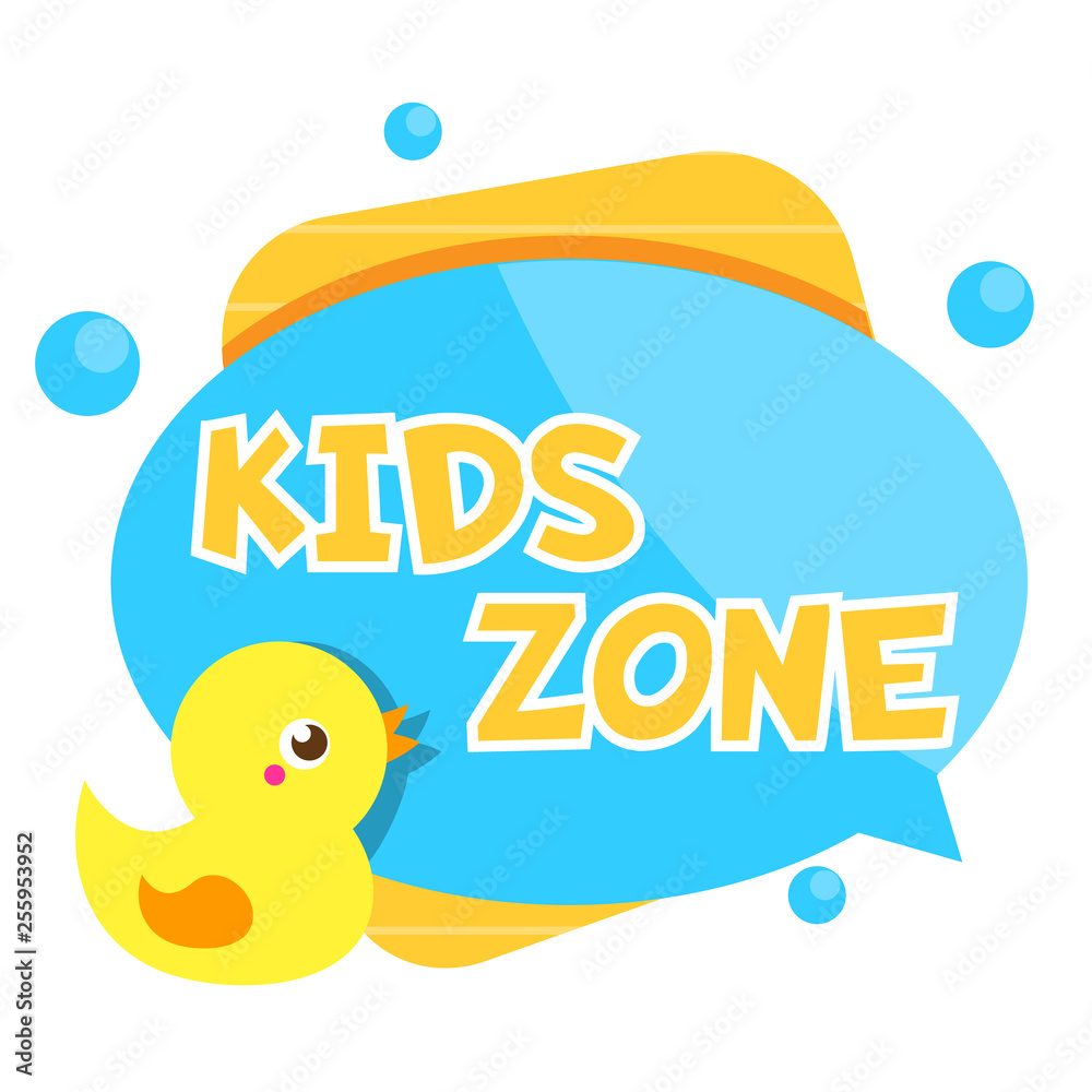 Kids zone banner. Colorful label with cute duck toy Kids zone banner. Colorful label with cute duck toy