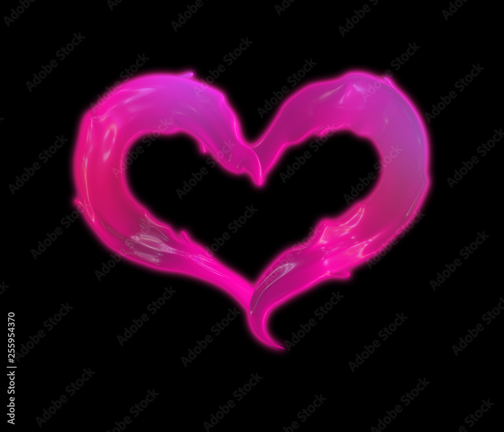 Pink glowing paint splashes in shape of heart, isolated on black. Pink glowing heart. 3d render Pink glowing paint splashes in shape of heart, isolated on black. Pink glowing heart. 3d render