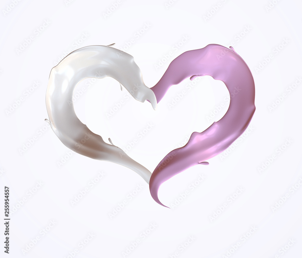 Pink and white paint splashes in shape of heart, isolated on white. 3d render Pink and white paint splashes in shape of heart, isolated on white. 3d render