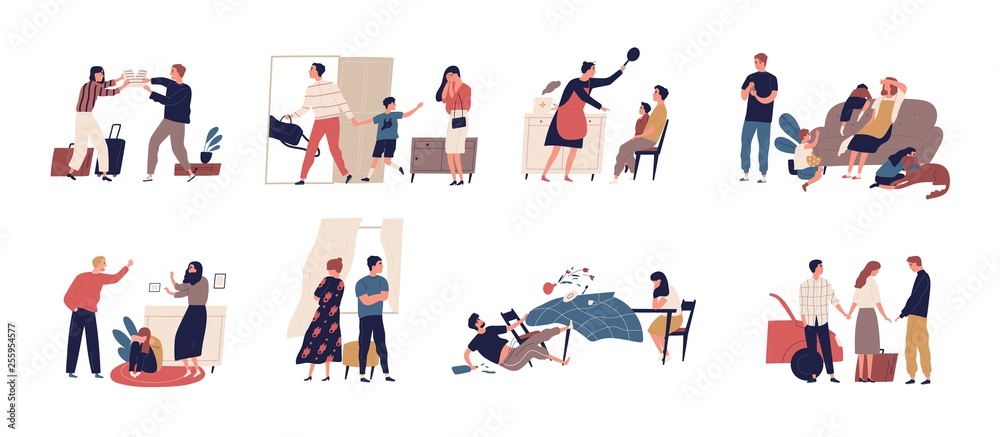 Collection of scenes of family conflict or relationship problem with unhappy married couples and children. Bundle of people breaking up, quarreling and fighting. Flat cartoon vector illustration. Stock Vector | Adobe Stock Collection of scenes of family conflict or relationship problem with unhappy married couples and children. Bundle of people breaking up, quarreling and fighting. Flat cartoon vector illustration. Stock Vector | Adobe Stock