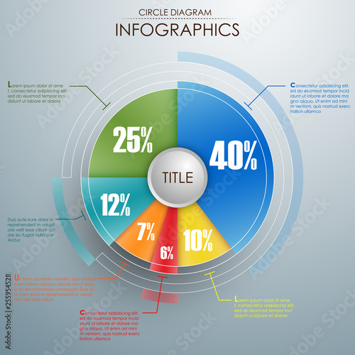 Business colorful pie chart template with circle in the center. Background for your documents, web sites, reports, presentations and infographics