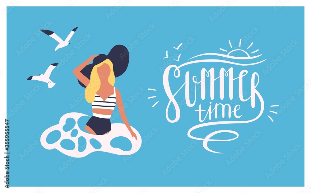 Φωτογραφία Postcard template with woman wearing swimsuit swimming in sea or ocean and Summer time lettering handwritten with cursive calligraphic font