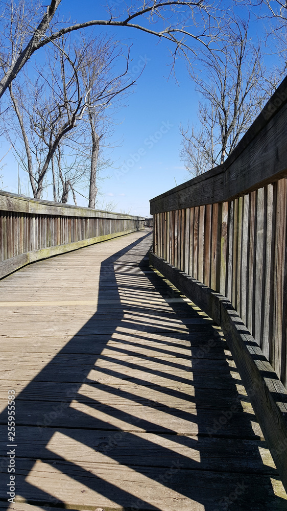 boardwalk and shadow pattern on a bright day