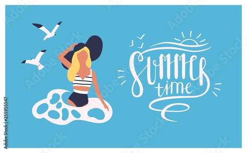 Postcard template with woman wearing swimsuit swimming in sea or ocean and Su...