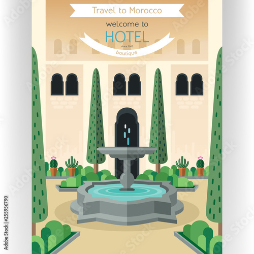 Travel to Morocco poster template with streaming fountain and inner garden.