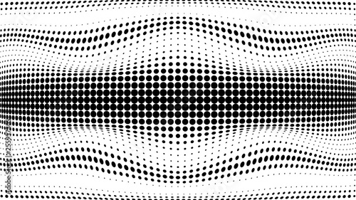 Halftone gradient pattern. Abstract halftone dots background. Monochrome dots pattern. Grunge texture. Pop Art, Comic small dots. Wave twisted dots. Banner with space. Template for cover, card, flyer