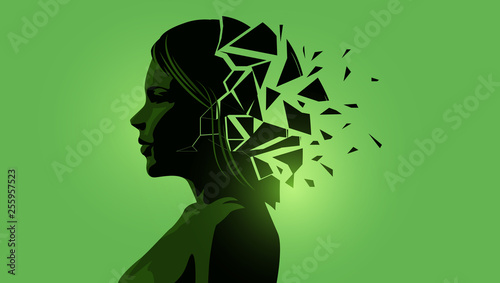 Adult women silhouette with a fractured mind. Mental Health vector illustration.