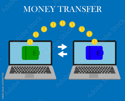 Money transfer. Two laptops with wallets on screen and transferred gold coins. Send money online, remittance, online payment, digital wallet, payment app concepts. Flat design. Vector illustration