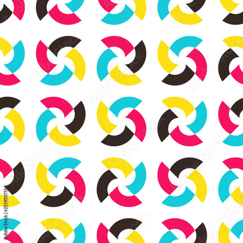 Bright seamless pattern with circular groups of colorful geometric elements.