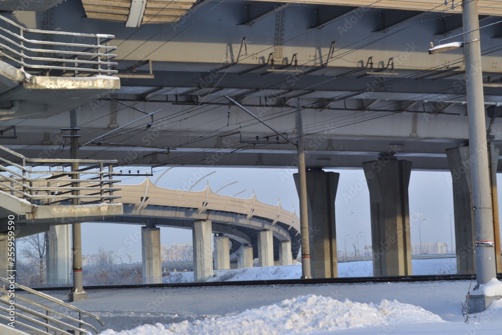 A concrete transportation bridge in winter