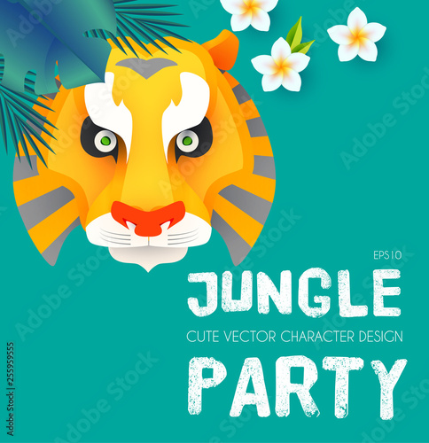 Jungle Patry. Design Template with Tiger Face. Tropic Event. Hot Birthday.