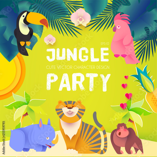 Fototapeta Naklejka Na Ścianę i Meble -  Jungle Party. Cute Exotic Animals Design. Children Event Poster Template. Papercraft.