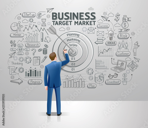 Businessman drawing business idea target market on wall. Graphic doodles vector illustration style.