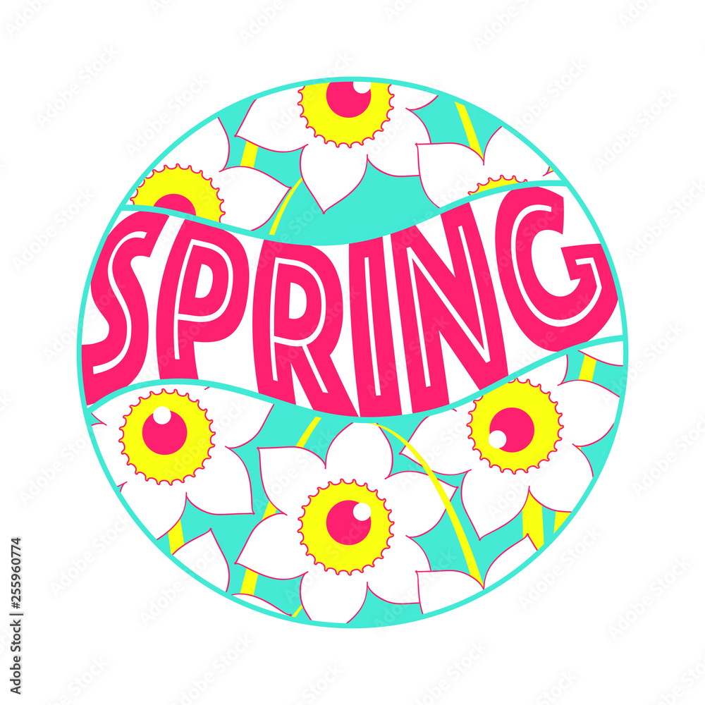 spring circle ornament with daffodil flowers in pink blue