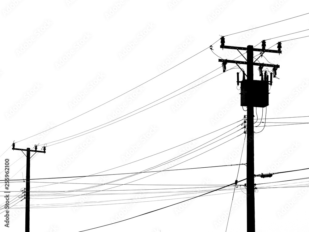 Silhouette electric pole on white background - obrazy, fototapety, plakaty 