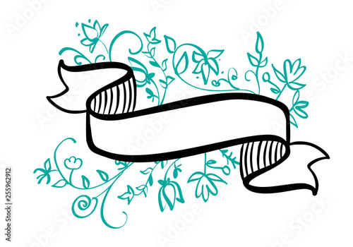 Vintage frame with ribbon and place for the text with tropical flowers and leaves on white background, vector illustration hand drawn banner