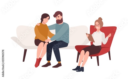 Happy married couple on couch and female psychologist or psychotherapist sitting in front of them. Resolved family conflict, relationship problem, reconciliation. Flat cartoon vector illustration.