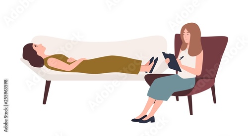 Woman lying on sofa and female psychologist, psychoanalyst or psychotherapist sitting in chair with notebook in hand and talking. Mental problems and psychotherapy. Flat cartoon vector illustration.