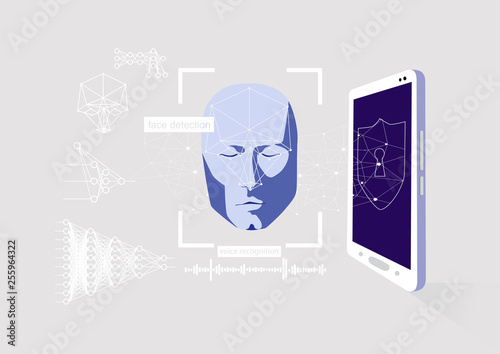 Face and voice recognition in your smartphone. Modern technologies based on neural networks, concept of artificial intelligence 
