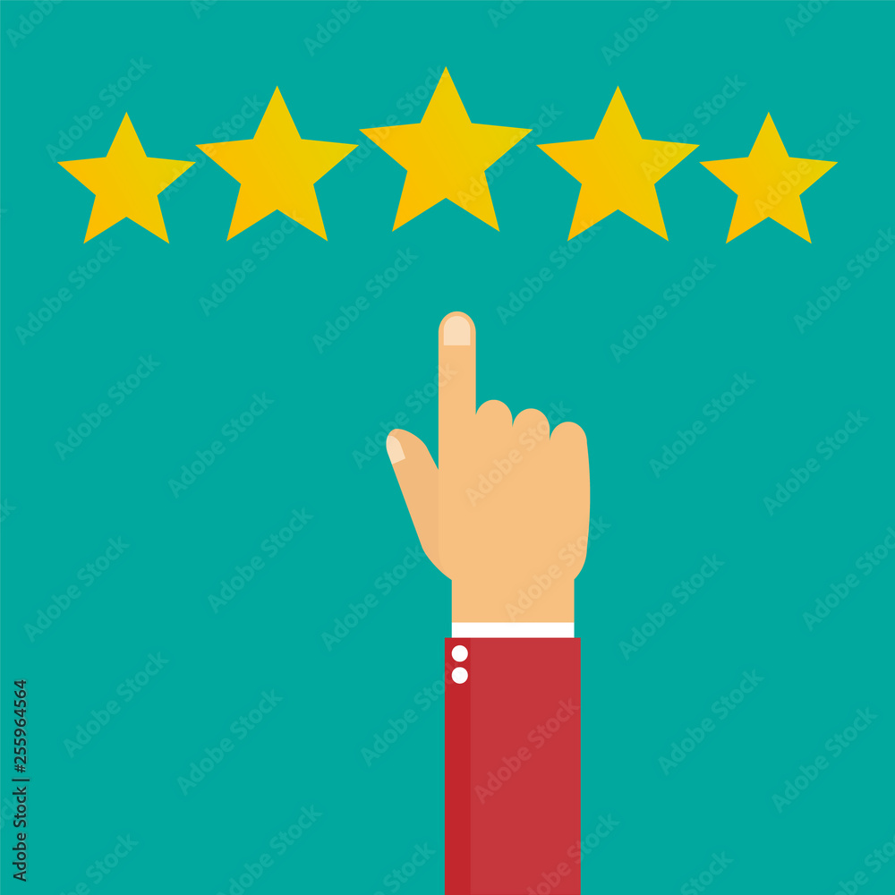 Hand with pointing finger pointing to rating stars. Flat design