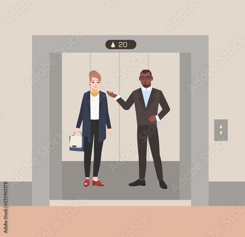 Smiling male and female office workers or clerks standing in elevator with open doors. Colleagues having conversation inside lift stopped on floor of building. Flat cartoon vector illustration.