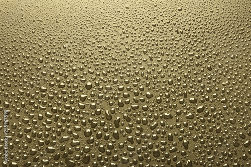 Close-up of water drops on surface, gold background
