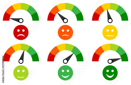 Scale arrow and scale of emotions. Smile icons. Vector illustration.