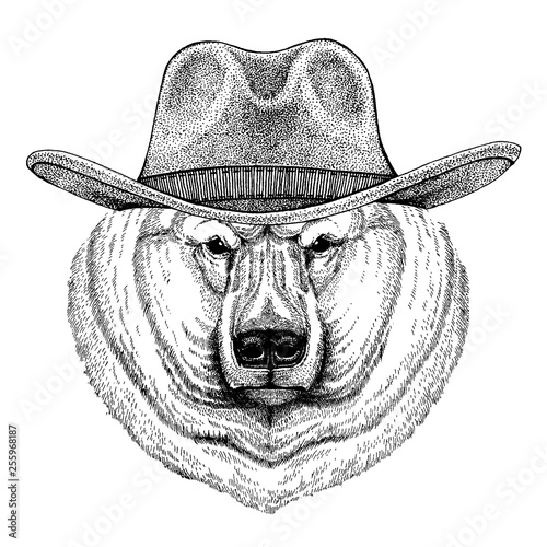 Big polar bear, wearing cowboy hat. Wild west animal. Hand drawn image for tattoo, emblem, badge, logo, patch, t-shirt