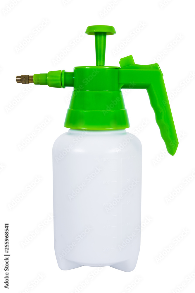 Plastic water sprayer isolated on white background. Green plastic water sprayer with air pump and handle isolated Plastic water sprayer isolated on white background. Green plastic water sprayer with air pump and handle isolated