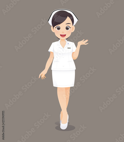 Cartoon woman doctor or nurse in white uniform on brown background, Smiling female nursing staff, Vector illustration in character design