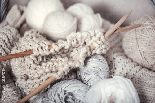 The macro concept of knitting wool and needles