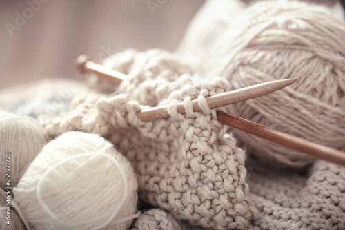 The macro concept of knitting wool and needles