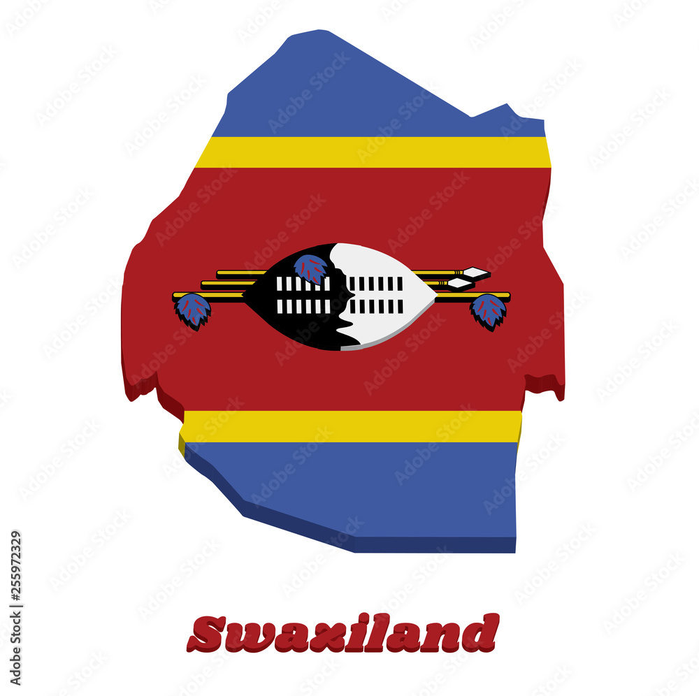 3d Map outline and flag of blue yellow and red with the large and white Nguni the staff decorated with the feather tassels called injobo. Stock Vector