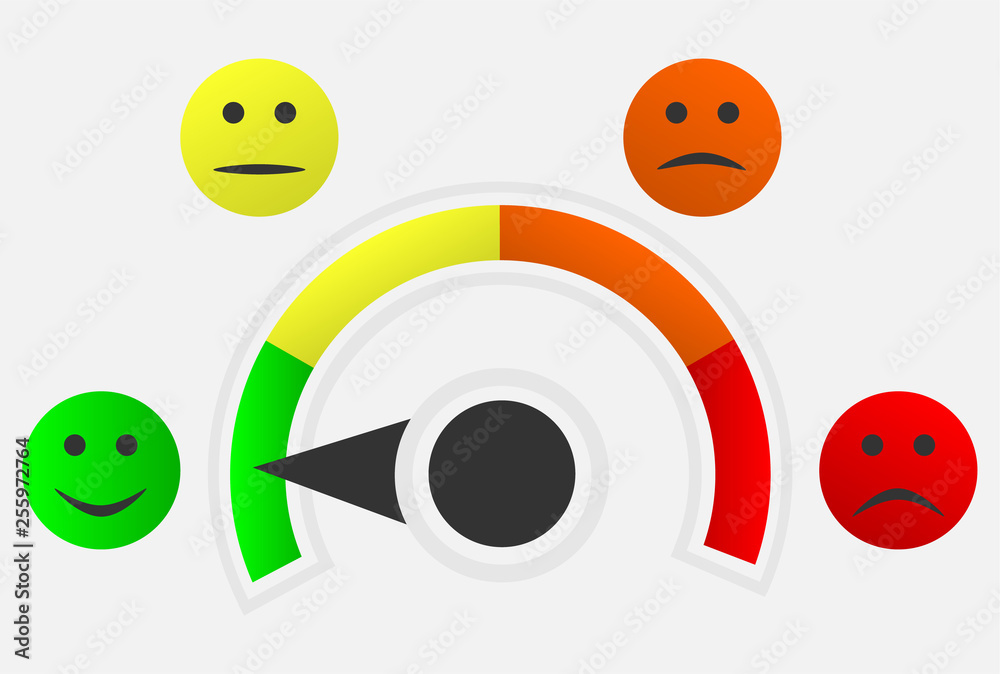 Scale from red to green with arrow and scale of emotions, isolated background