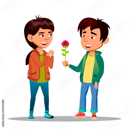 Chinese Boy Gives A Girl Red Peony As Symbol Of Love Vector Flat Cartoon Illustration