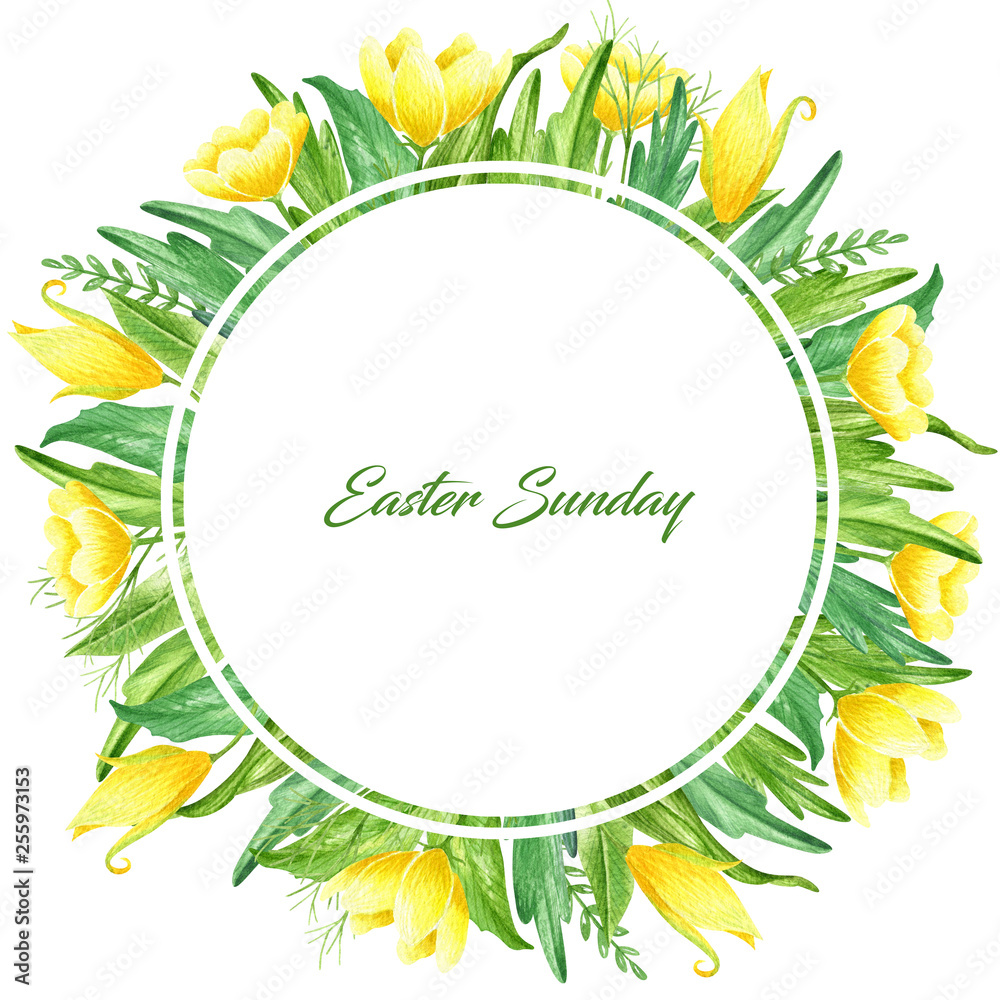 Watercolor border in retro style with yellow spring flowers and leaves. Vintage round shaped frame with organic texture in gold and green colors isolated on a white background