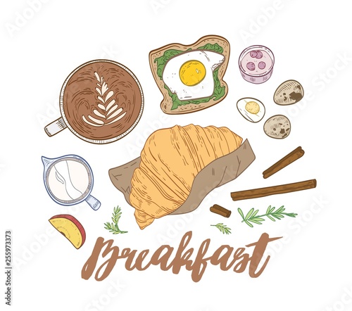 Decorative hand drawn composition with appetizing breakfast meals and morning food - croissant, egg sandwich, yogurt, coffee