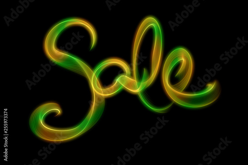 SALE word made of fire or smoke in green and red colors in hot sparkly design on black background