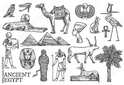 Ancient Egypt icons, Gods and landmark sketches
