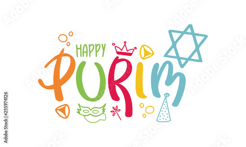 Happy Purim. Traditional Jewish religious holiday. Сelebrated by a masquerade and festival. A set of elements: the Star of David, masks, toys, cookies and other decor. Vector hand painted illustration
