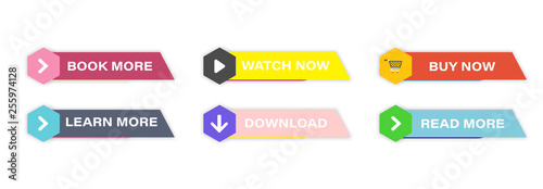 Set of colorful buttons Read More, learn more, buy now, download, watch now, book more colorful button. Flat button.