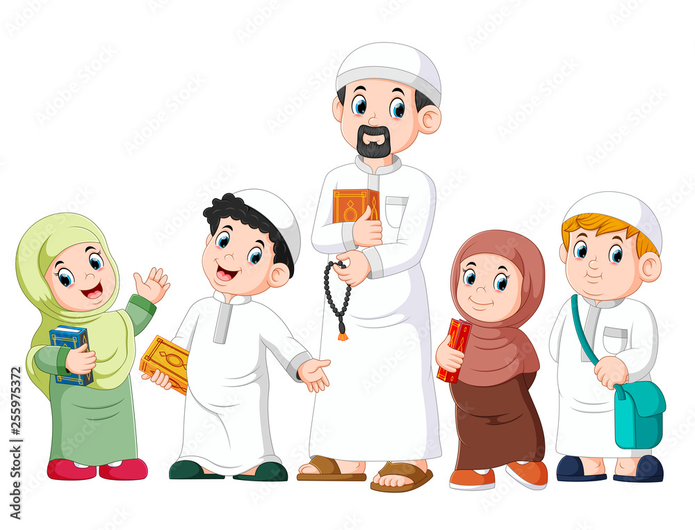 Happy moslem kid showing with holding holy quran Happy moslem kid showing with holding holy quran