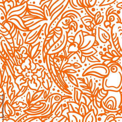 Vector seamless pattern. Tropical bird, leaves, flower. Art sketch illustration