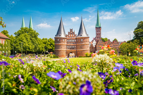Historic town of Lübeck with famous Holstentor gate in summer, Schleswig-Holstein, northern Germany