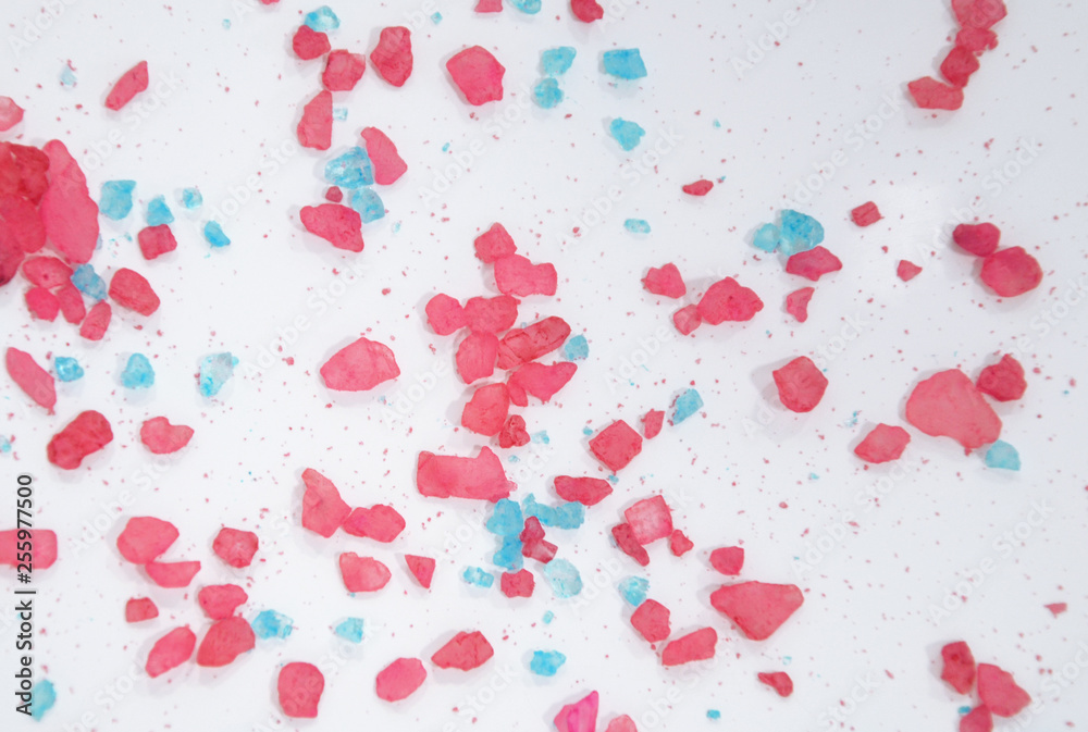 White background with blue and pink crystals. White background with blue and pink crystals.