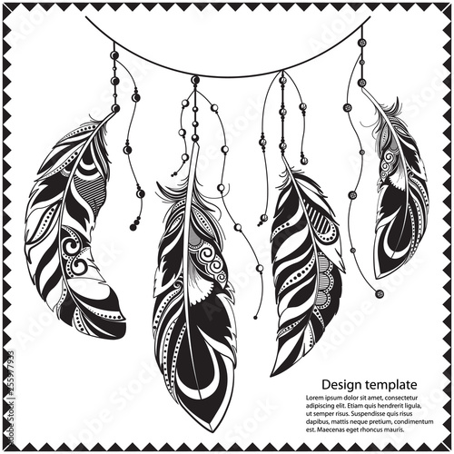 Vintage ethnic hand drawn boho style design with mandala ornament tribal feathers.